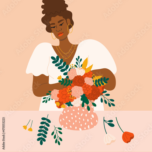 Illustration of florist arranging flowers in vase