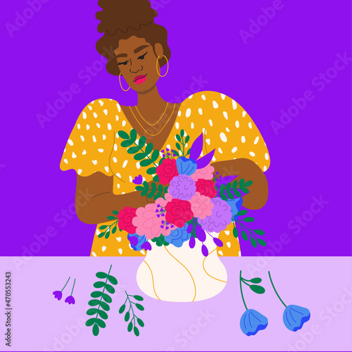 Illustration of florist arranging flowers in vase
