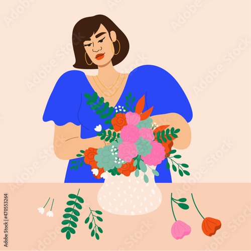 Illustration of florist arranging flowers in vase