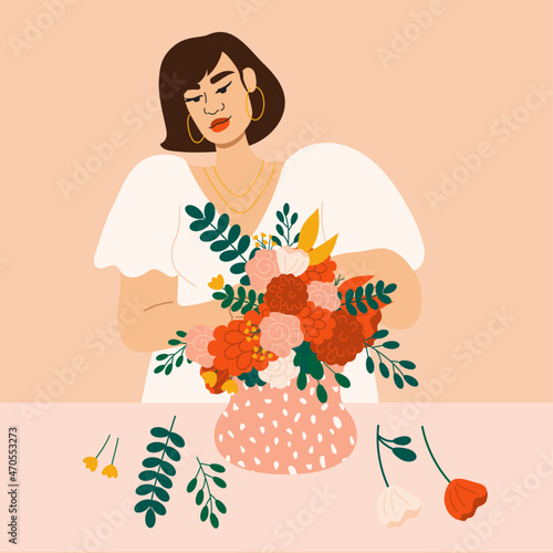 Illustration of florist arranging flowers in vase