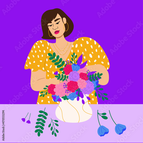 Illustration of florist arranging flowers in vase