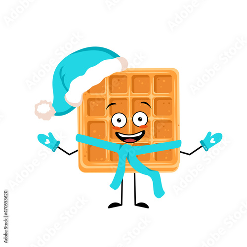 Cute character belgian waffle with joyful emotions, happy face, smile, eyes, arms and legs in Santa hat with scarf and mittens. Vector flat illustration