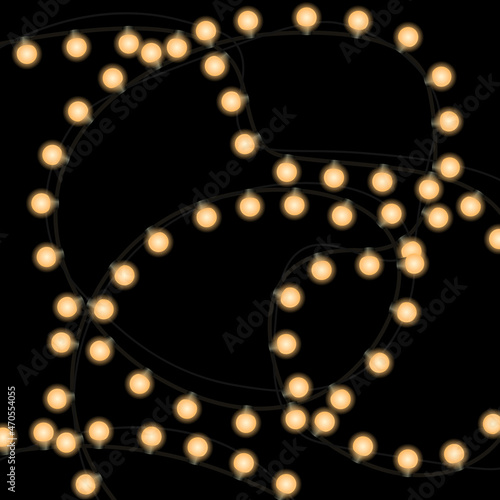 Christmas lights. Realistic bright Christmas and New Year garlands on a dark background. Vector illustration with light bulbs and glowing elements for festive decoration