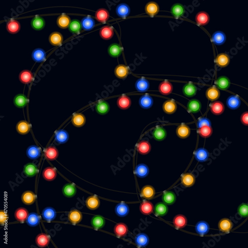 Christmas lights. Realistic bright Christmas and New Year garlands on a dark background. Vector illustration with light bulbs and glowing elements for festive decoration