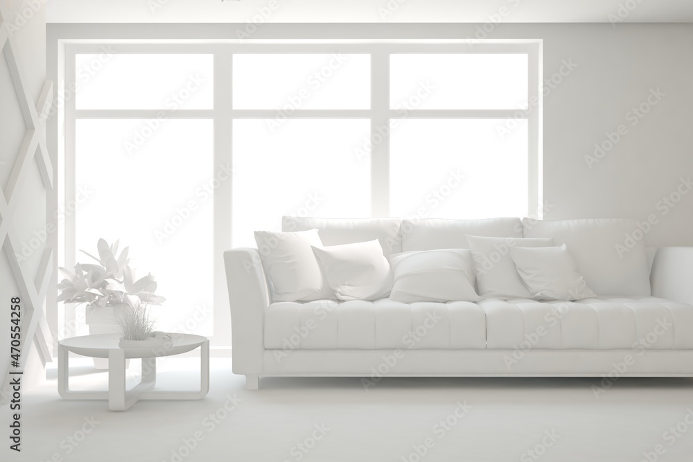 Fototapeta premium Mock up of stylish room in white color with sofa. Scandinavian interior design. 3D illustration