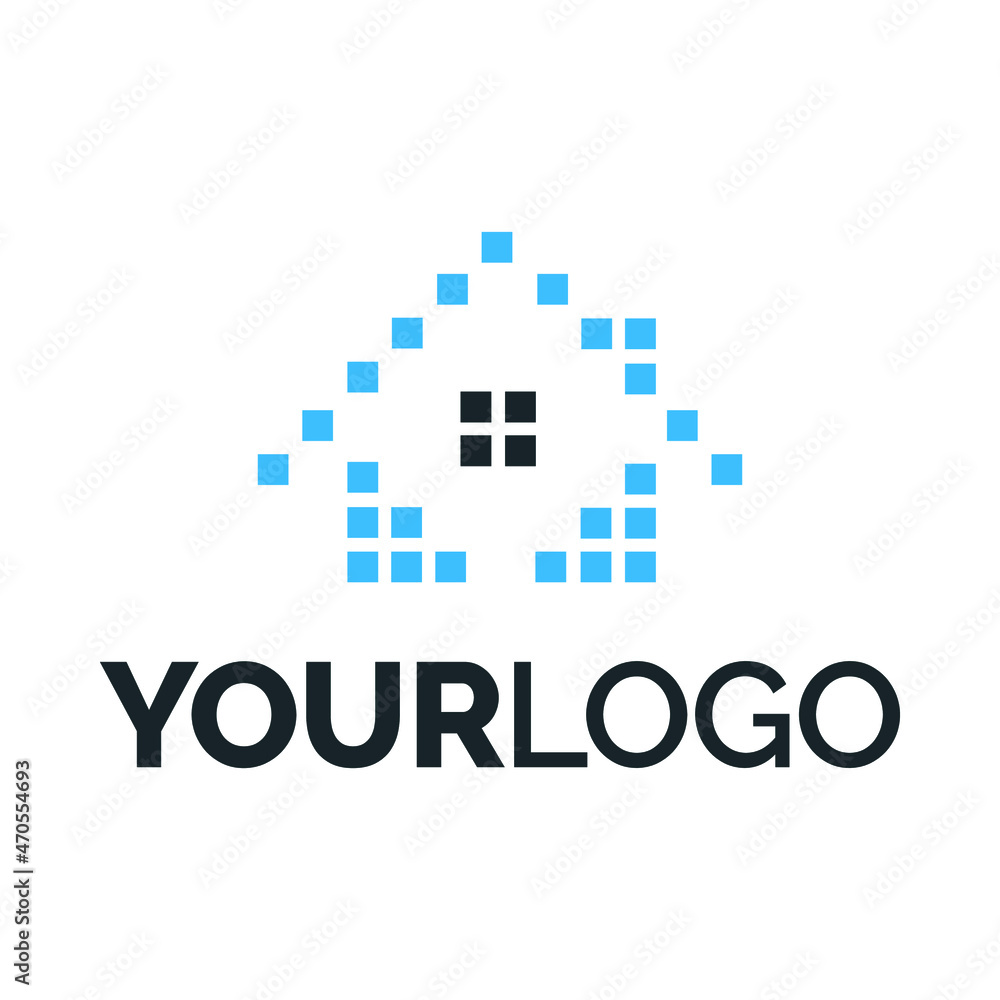 Logo for real estate or construction companies depicting an abstract home built of blocks of blue and black theme with a window of stability as the centerpiece. Logo for real estate or construction companies depicting an abstract home built of blocks of blue and black theme with a window of stability as the centerpiece.
