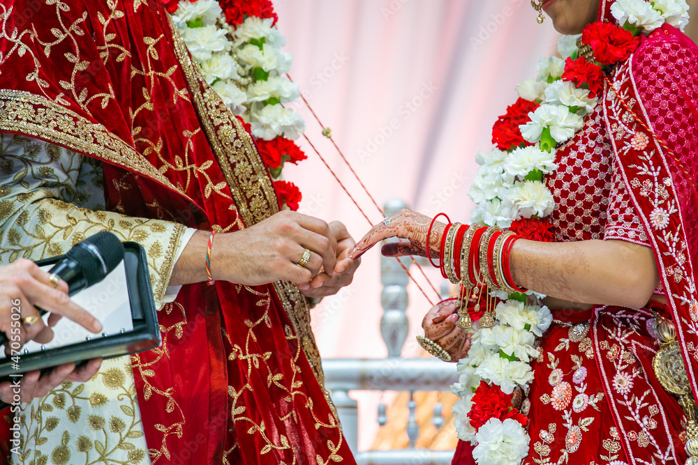 Indian Hindu couple's ring exchange hands close up