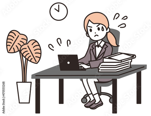遅い時間まで残業をしているスーツの女性のイラスト素材