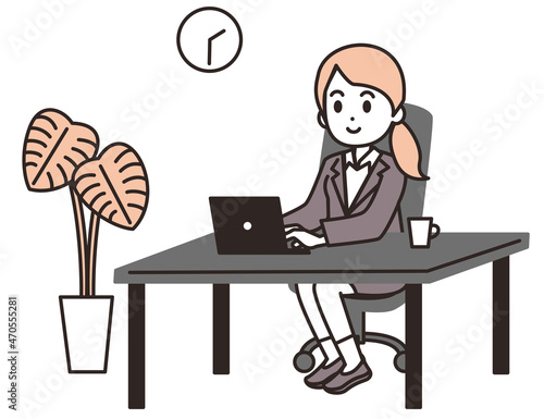 ノートパソコンで仕事をしているスーツの女性のイラスト素材
