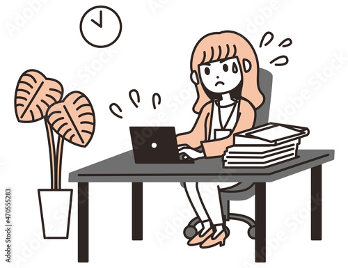 遅い時間まで残業をしている女性のイラスト素材