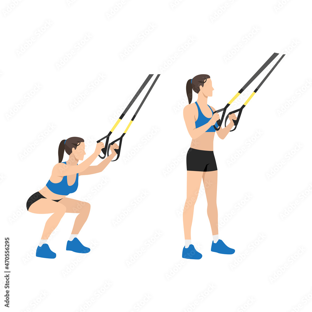 Woman doing TRX Suspension straps squats exercise. Flat vector illustration isolated on white background Woman doing TRX Suspension straps squats exercise. Flat vector illustration isolated on white background