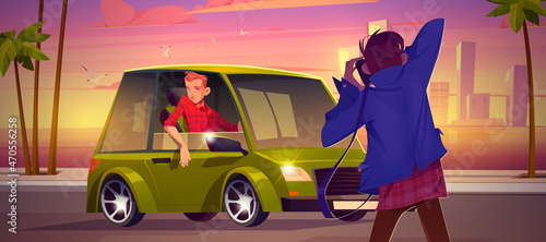 Man with camera take photo of driver sitting in green car. Vector cartoon tropic landscape of city on sea coast at sunset, road and vehicle with person pose for photograph