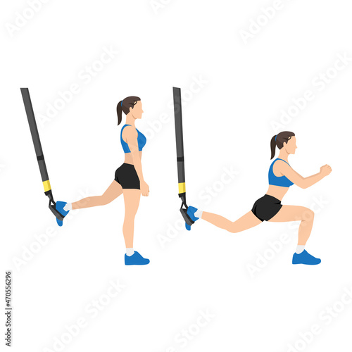 Woman doing TRX Suspension straps suspended lunges exercise. Flat vector illustration isolated on white background