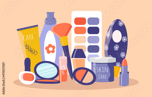 vector illustration - a set of decorative cosmetics - lipsticks, eye shadow palettes, blush, makeup brushes, cream. trend illustration in flat style