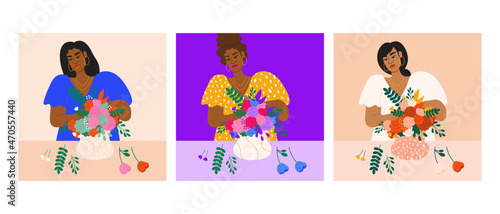 Illustration set of florists arranging flowers in vase