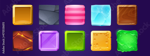 Square buttons with wooden, stone, gold and ice textures for ui game design. Vector cartoon set of glossy labels from cheese, purple crystal, striped candy, lava and green slime