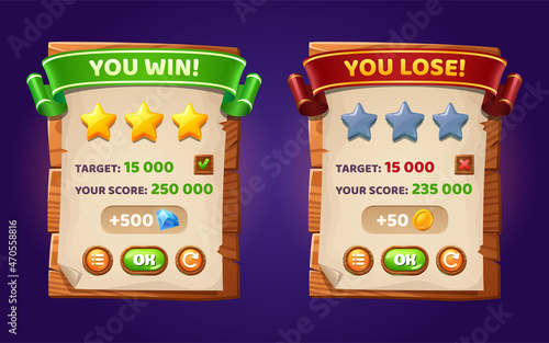 Game ui interface boards with level score, win or lose bar, golden stars and buttons. Vector cartoon set of gui elements with wooden planks, paper and ribbons, screens of complete and fail game level