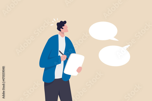 Note taking or minutes of meeting, conclusion or summary, education lecture or write important information concept, confidence businessman taking note in the meeting while listen to others information photo