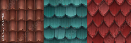 Roof game texture wooden or terracotta tiles cartoon 3d seamless pattern. House roofing materials, textured overlap of blue, red and brown colors. Dwelling exterior design elements Vector illustration