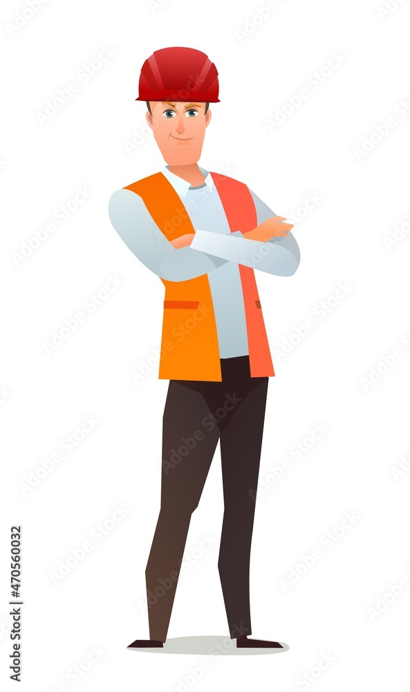 Man builder in vest and protective helmet. Guy worker. Cheerful person. Standing pose. Cartoon comic style flat design. Single character. Illustration isolated on white background. Vector Man builder in vest and protective helmet. Guy worker. Cheerful person. Standing pose. Cartoon comic style flat design. Single character. Illustration isolated on white background. Vector