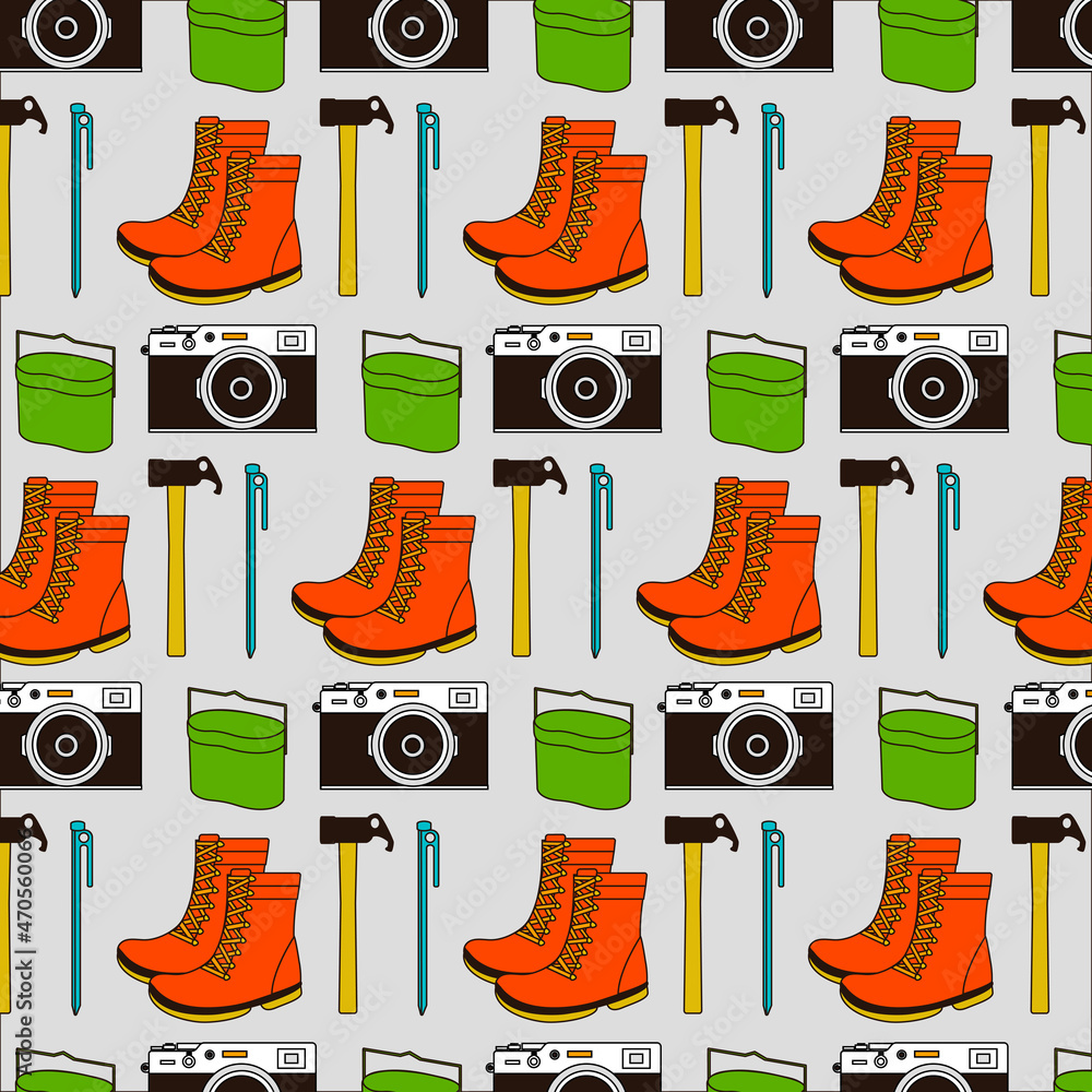 キャンプ用品① - シンプルなアイコンイラスト背景パターン-カラー  