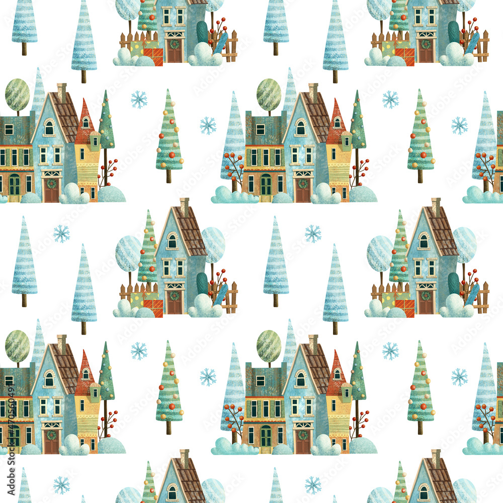 Seamless christmas winter pattern with houses, trees, snow and berries. Hand drawn illustration.