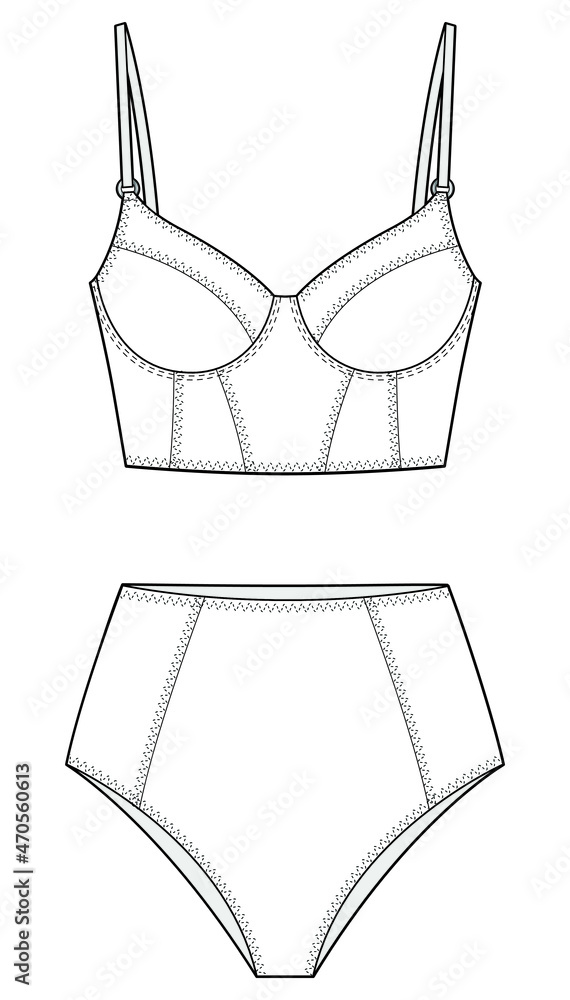 longline corset bra vector, bustier bra and high waist brief womens  lingerie template isolated illustration on white background. CAD mockup.  Stock Vector