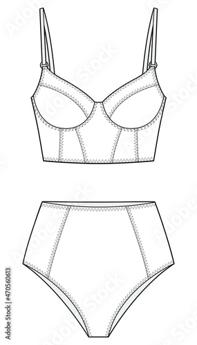 longline corset bra vector, bustier bra and high waist brief womens lingerie template isolated illustration on white background. CAD mockup. photo