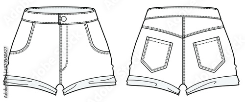 Women high waist short pant with cuff details front and back view fashion flat sketch vector illustration
