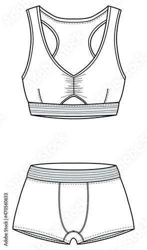 running bra and shorts vector. women sports wear template isolated illustration on white background. CAD mockup.