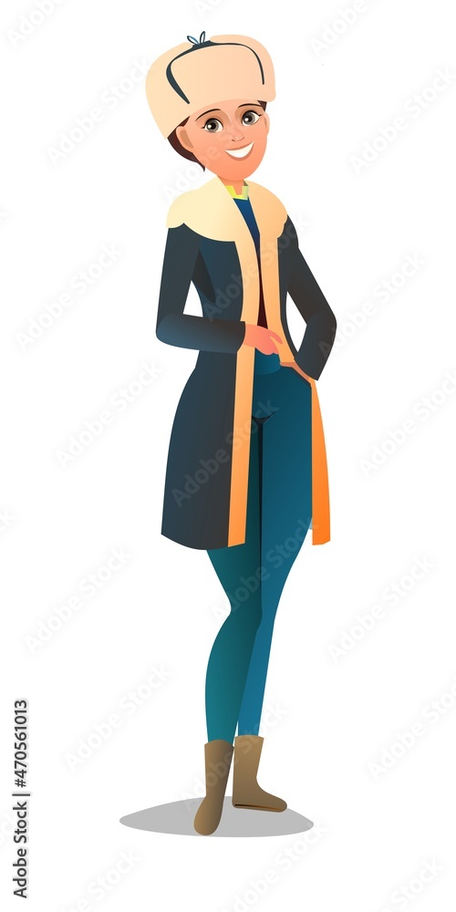 Woman in winter clothes. Sheepskin coat and warm hat. Girl in winter. Cheerful person. Standing pose. Cartoon comic style flat design. Single character. Illustration isolated background. Vector Woman in winter clothes. Sheepskin coat and warm hat. Girl in winter. Cheerful person. Standing pose. Cartoon comic style flat design. Single character. Illustration isolated background. Vector