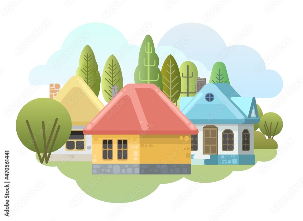 Small rural houses. Funny cartoon style. Country suburban village. Farm hut in the garden. Fairy tale illustration for children. Art illustration isolated on white background. Vector.