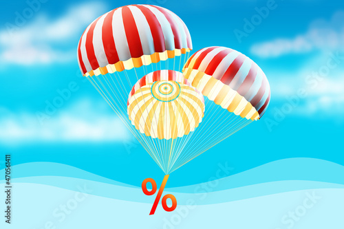 Fototapeta Naklejka Na Ścianę i Meble -  Percentage sign on parachute. Percent symbol symbolizes bank interest. Metaphor of getting discounts. Parachutes on blue background. Mortgage markup or percent symbol. 3d rendering.