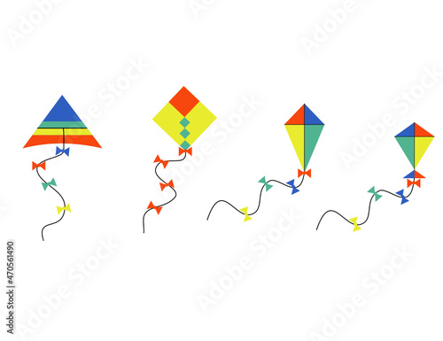 Happy Makar Sankranti.Colorful kite flying isolated on white background.Wind flying toy with ribbon.Flat design.Cartoon vector illustration.Sign, symbol, icon or logo.