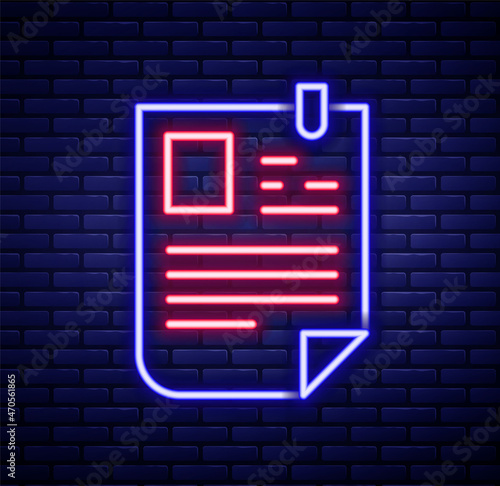 Glowing neon line Resume icon isolated on brick wall background. CV application. Searching professional staff. Analyzing personnel resume. Colorful outline concept. Vector