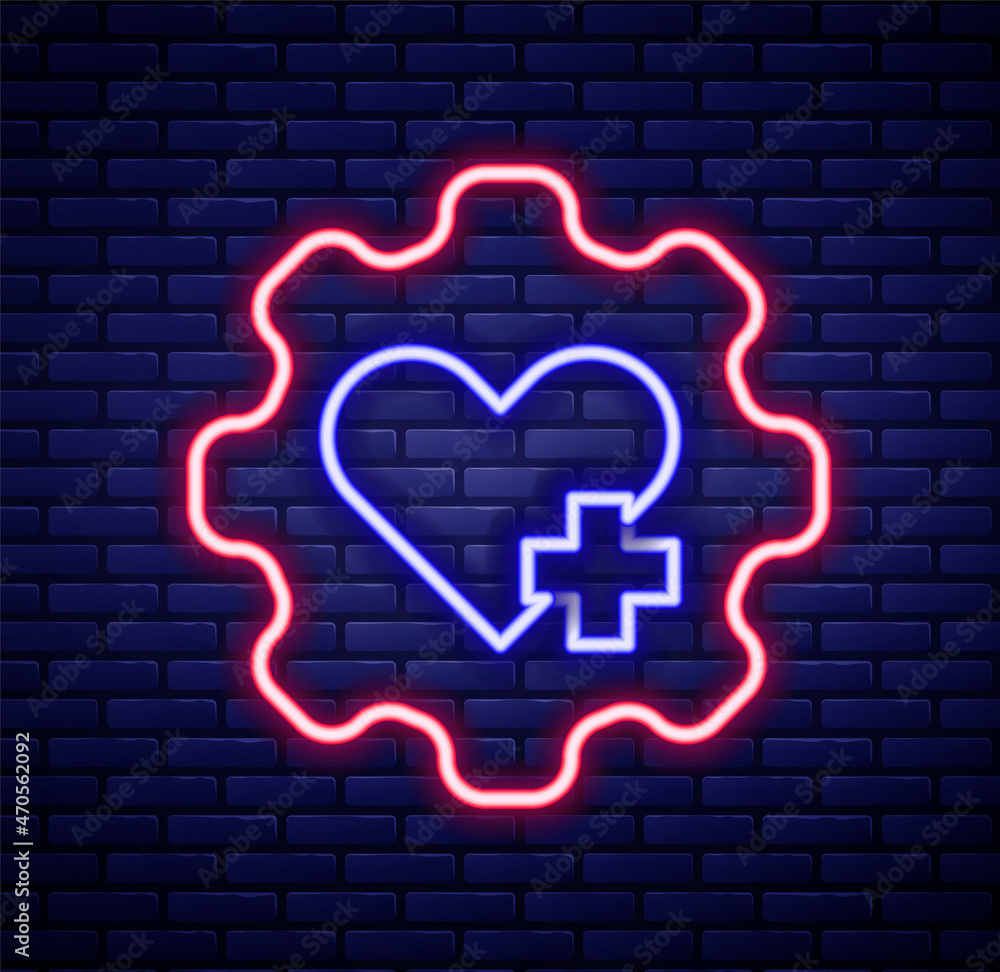 Glowing neon line Heart with a cross icon isolated on brick wall background. First aid. Healthcare, medical and pharmacy sign. Colorful outline concept. Vector Glowing neon line Heart with a cross icon isolated on brick wall background. First aid. Healthcare, medical and pharmacy sign. Colorful outline concept. Vector