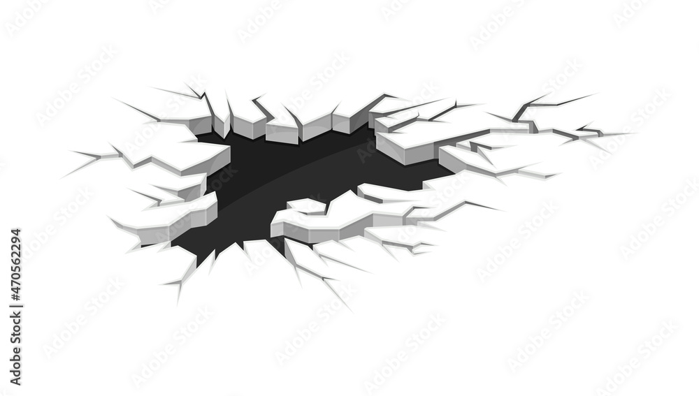 Ground crack with hole destruction effect. Black faults on surface, earthquake crevices vector illustration