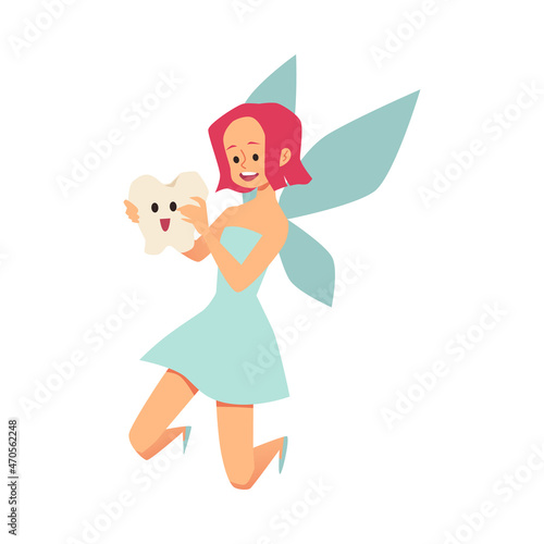 Tooth Fairy flying and holding tooth vector illustration. Kid dental clinic logo or poster.