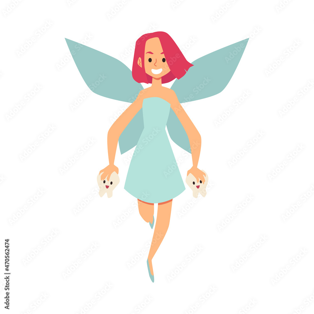 Beautiful tooth fairy with baby teeth in hands flat vector illustration isolated. Beautiful tooth fairy with baby teeth in hands flat vector illustration isolated.