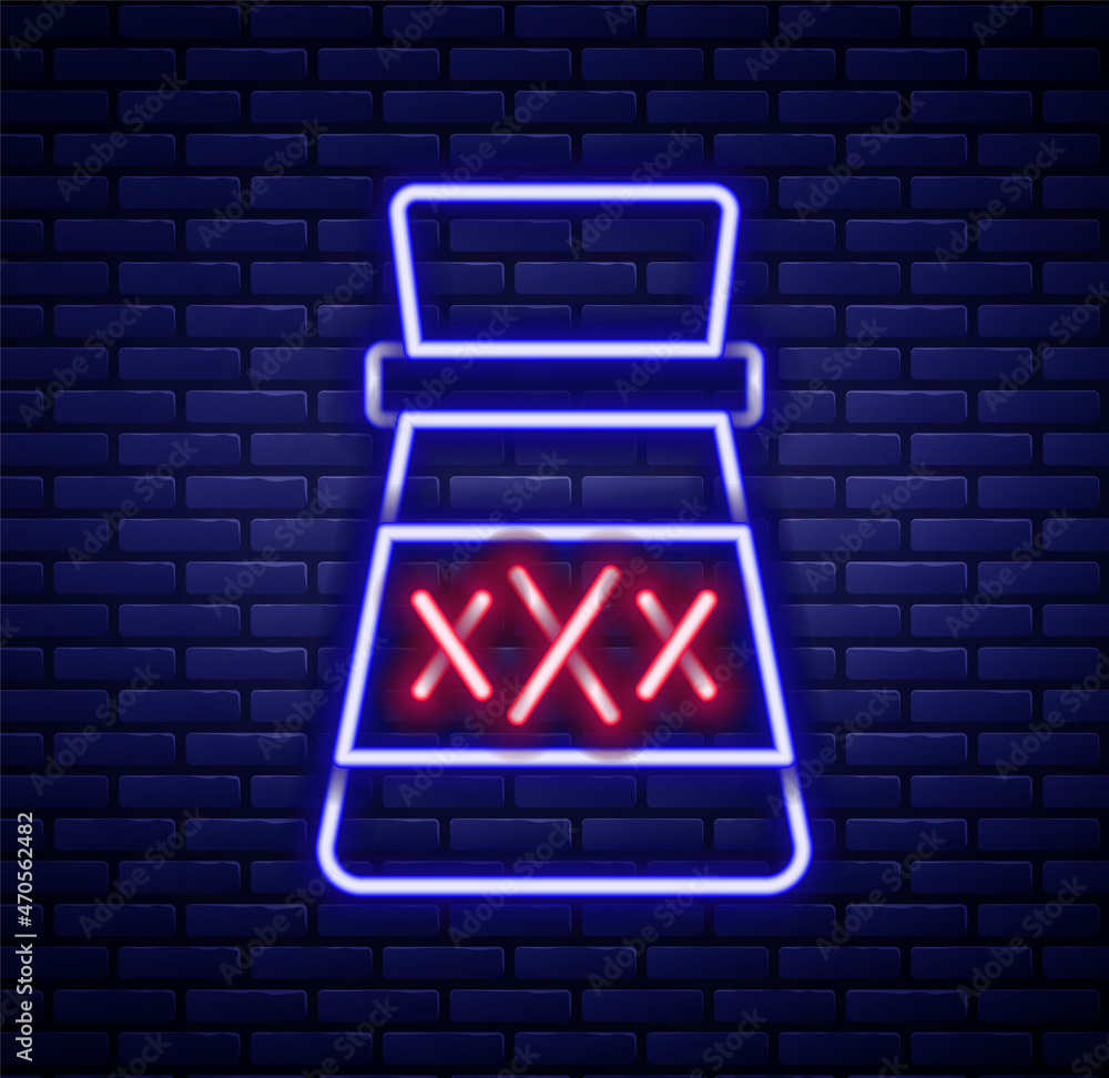 Glowing neon line Bottle with potion icon isolated on brick wall background. Flask with magic potion. Happy Halloween party. Colorful outline concept. Vector Glowing neon line Bottle with potion icon isolated on brick wall background. Flask with magic potion. Happy Halloween party. Colorful outline concept. Vector
