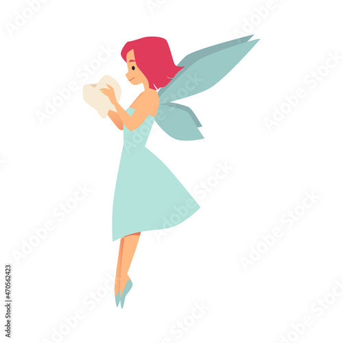 Thin flying tooth fairy, side view. Flying magic doll hold tooth in her arms.