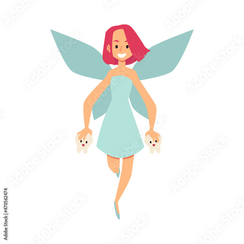 Beautiful tooth fairy with baby teeth in hands flat vector illustration isolated.