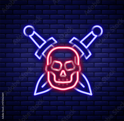 Glowing neon line Crossed medieval sword with skull icon isolated on brick wall background. Medieval weapon. Colorful outline concept. Vector