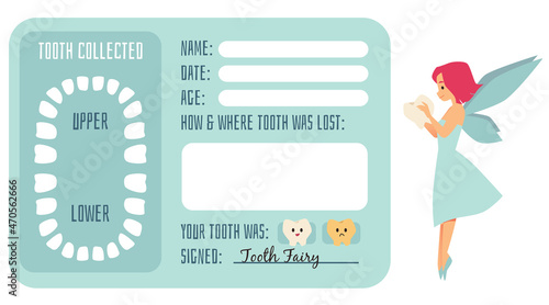 Tooth loosing card for kids with fairy character, flat vector illustration.