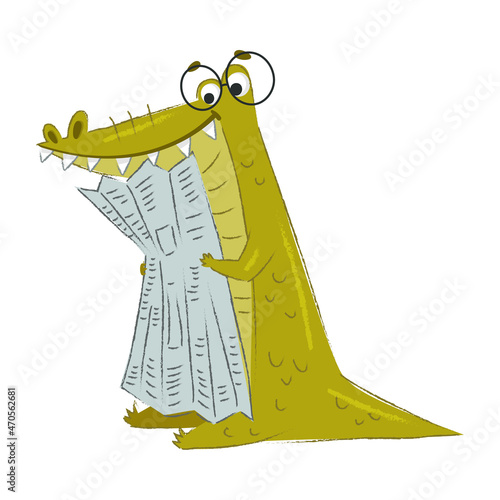 Cute Crocodile Character in Glasses Reading Newspaper Vector Illustration