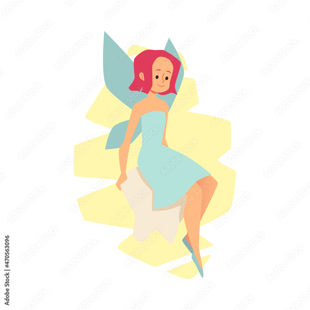 Tooth Fairy with wings sitting on a tooth. Kids dental clinic poster or mascot, Flying elf princess in blue dress
