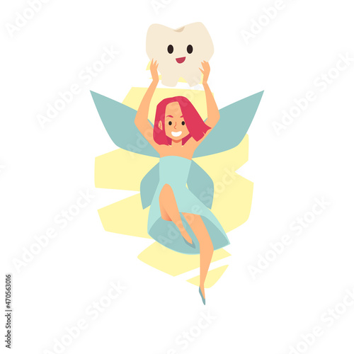 Beautiful smiling tooth fairy holding child lost tooth in arms above her head