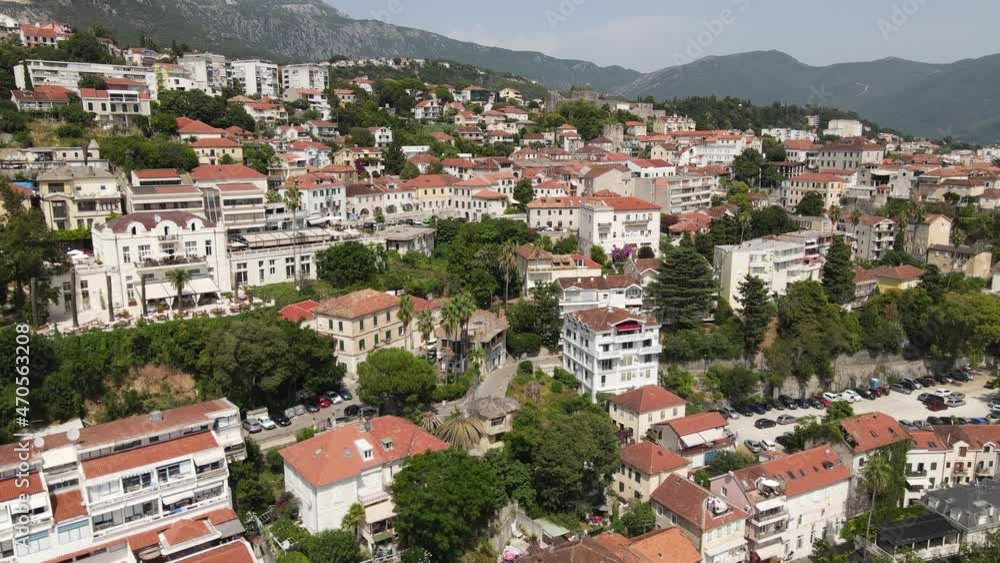 Herceg Novi Downtown, Montenegro. Drone Aerial View of Hillside Town, Buildings Above Adriatic Sea on Sunny Summer Day Herceg Novi Downtown, Montenegro. Drone Aerial View of Hillside Town, Buildings Above Adriatic Sea on Sunny Summer Day
