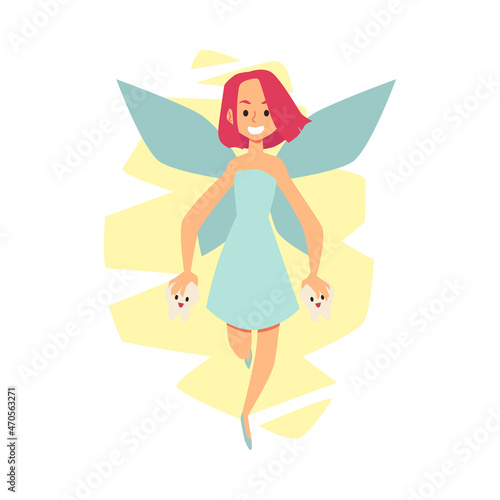 Tooth Fairy Vector Poster for Children Dentist Office. Magic creature from fairy tales fly and hold teeth in her hands.