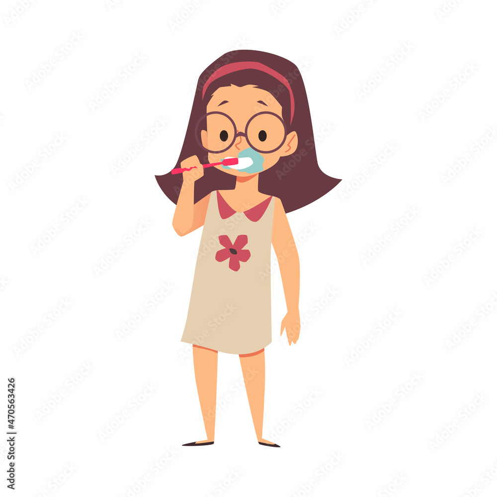 Little girl cartoon character brushing teeth flat vector illustration isolated. Little girl cartoon character brushing teeth flat vector illustration isolated.